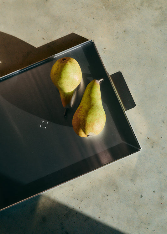 Accessories tray, small, uncoated aluminium, with two pears.