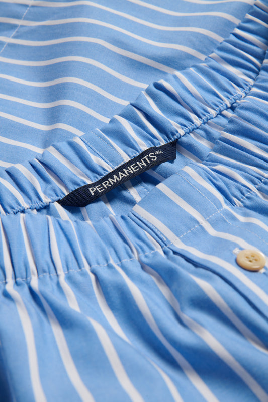 Men's jersey boxershorts, 100% organic cotton, blue and white striped, with "PERMANENTS" label.