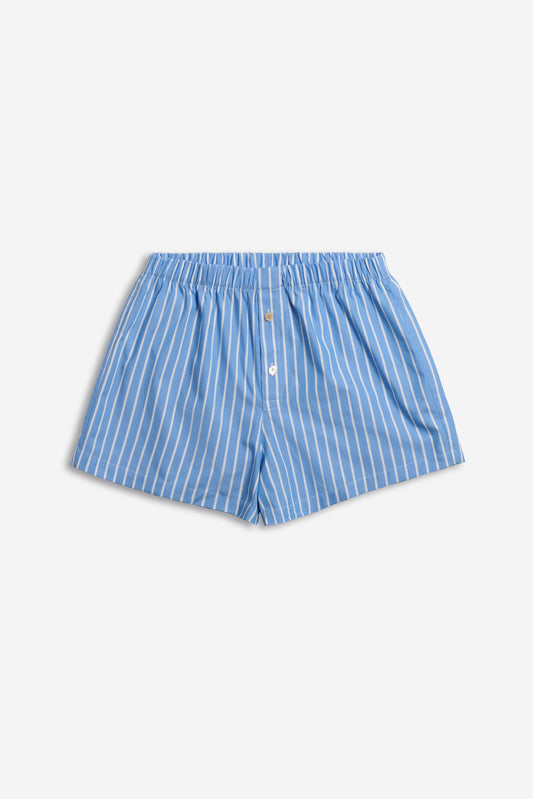 Men's jersey boxershorts, 100% organic cotton, light blue with white stripes, elastic waistband, button fly.