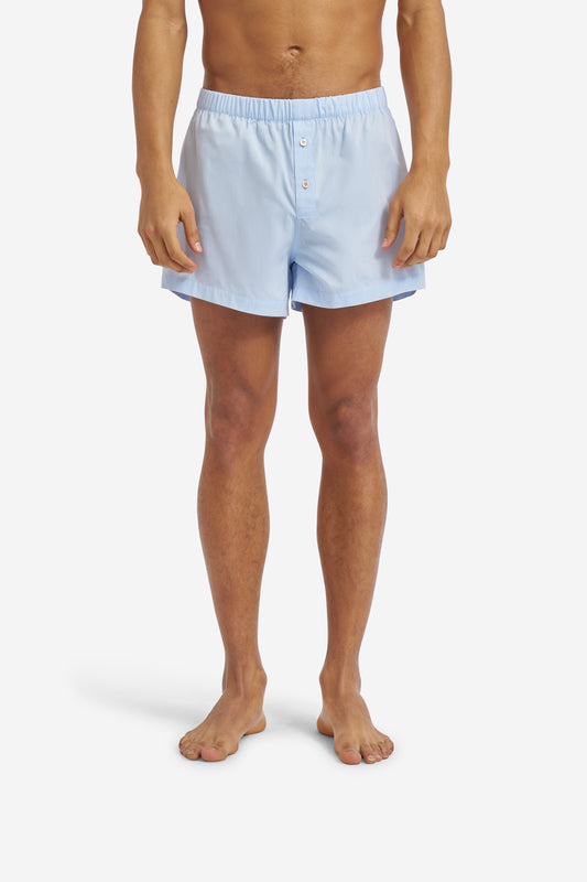 Men's jersey shorts, 100% organic cotton, light blue boxershorts with button fly.