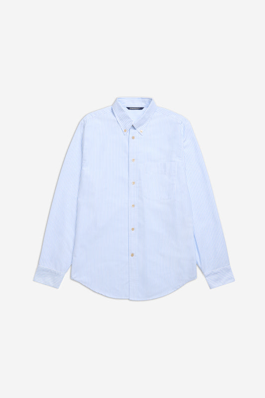 Men's long-sleeved shirt, organic cotton, fine stripes, light blue, button cuffs, pocket, pearl buttons.