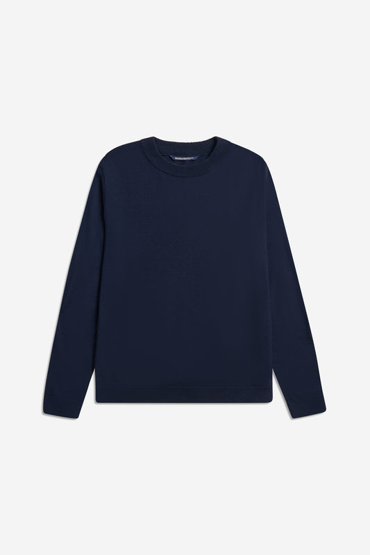Men's knit crewneck, 100% mulesing-free merino wool, navy, with rib-knit neck, cuffs, and hem.