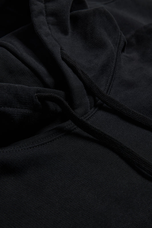 Men's/Women's jersey hoodie, black organic cotton, pre-washed, with adjustable hood and drawstrings.