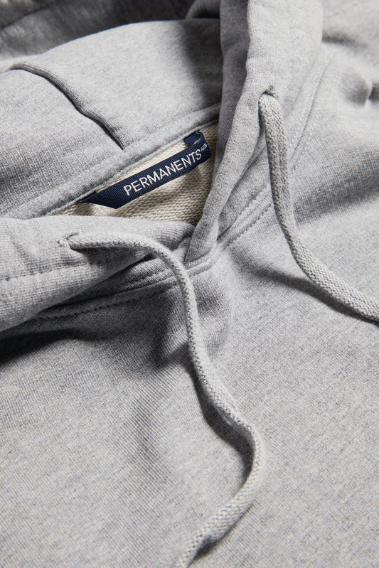 Unisex jersey hoodie, organic cotton, pre-washed, grey melange, with PERMANENTS® label.