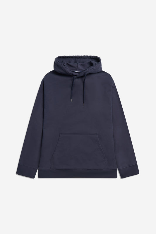 Men's jersey hoodie, 100% organic cotton, pre-washed navy, with kangaroo pocket and adjustable hood.