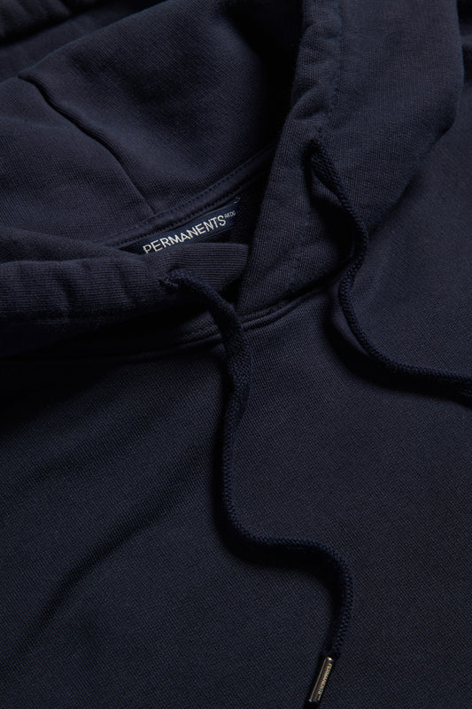 Men's/Women's jersey hoodie, 100% organic cotton, pre-washed, navy, with adjustable hood and embroidered logo.