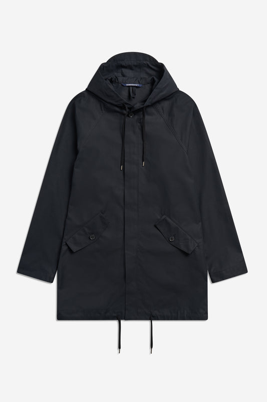 Unisex outerwear parka, black organic cotton EtaProof® fabric, adjustable hood, flap pockets, drawstring hem.