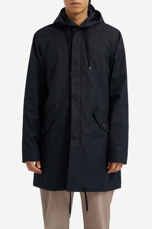 Men's outerwear parka, black organic cotton EtaProof® fabric, adjustable hood, flap pockets.
