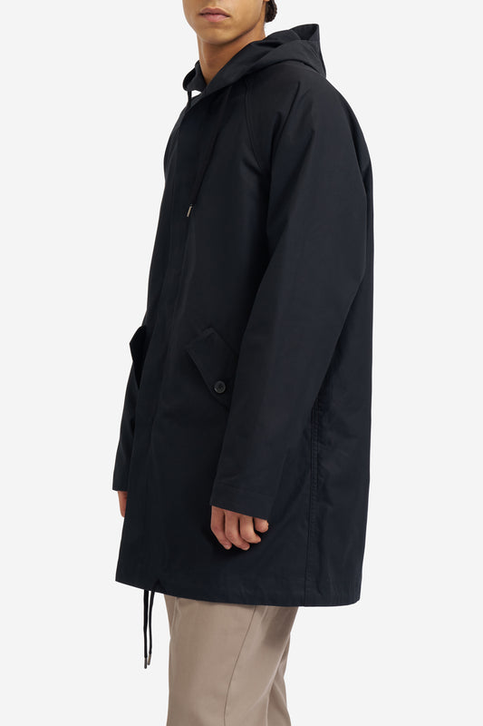 Men's outerwear parka, black organic cotton EtaProof® fabric, adjustable hood, flap pockets.