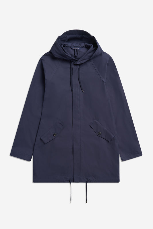 Unisex outerwear parka, navy organic EtaProof® cotton, adjustable hood, flap pockets, drawstring hem.