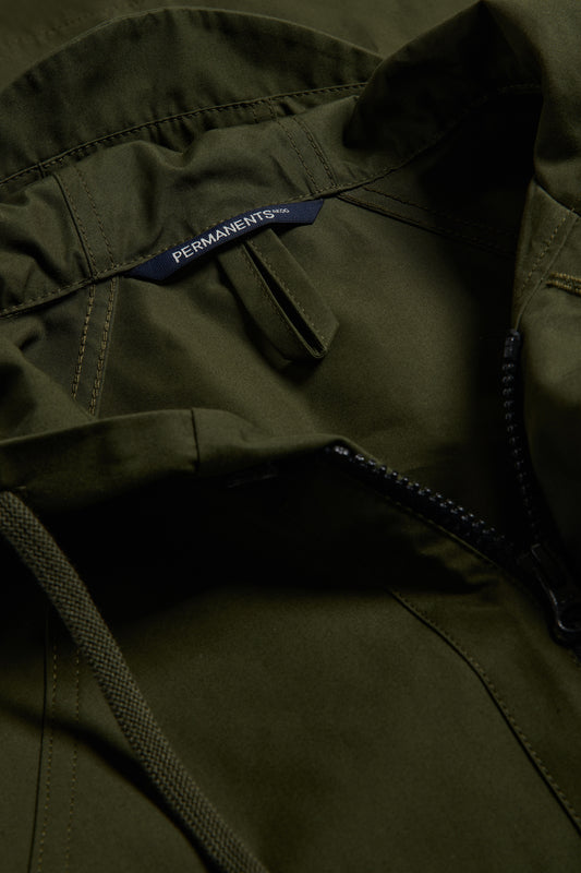 Men's/Women's outerwear parka, organic cotton, waterproof EtaProof® fabric, olive, with adjustable hood and zipper.