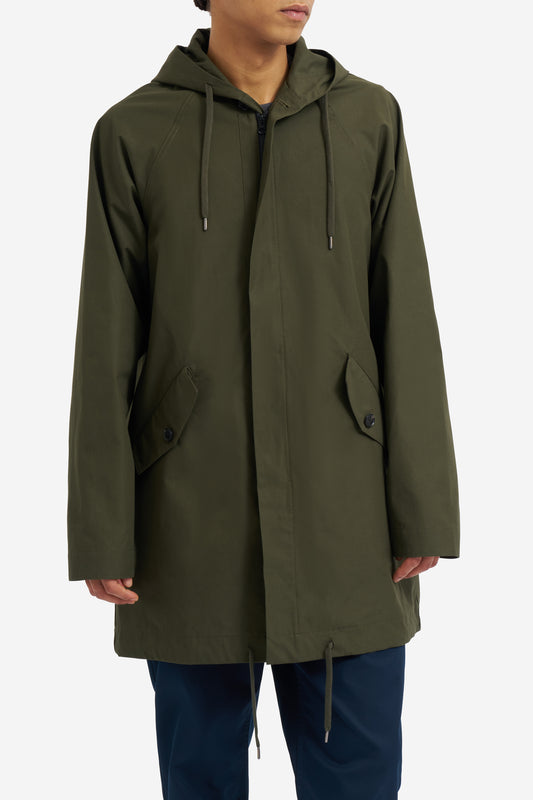 Men's outerwear parka, olive organic cotton EtaProof® fabric, adjustable hood and hem, flap pockets.