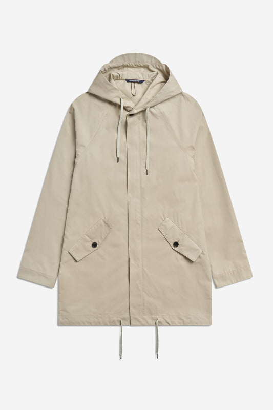 Men's outerwear parka, organic cotton EtaProof, stone, with adjustable hood, hem, and flap pockets.