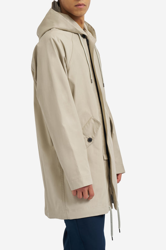 Men's outerwear parka, organic cotton EtaProof, stone, with adjustable hood and flap pockets.