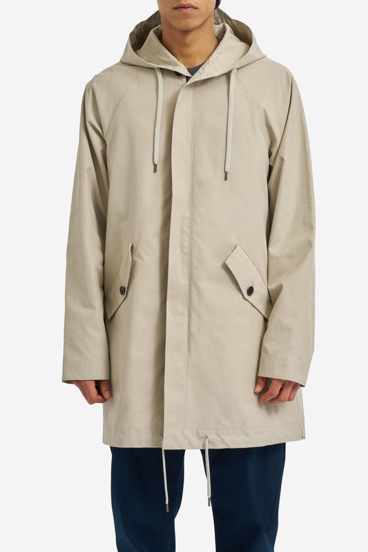 Men's outerwear parka, organic cotton EtaProof, stone color, adjustable hood and hem, flap pockets.