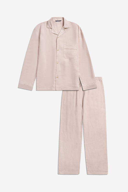 Women's long-sleeved shirt and long-pants pyjama set in apple blossom 100% Belgian linen with piped trim.
