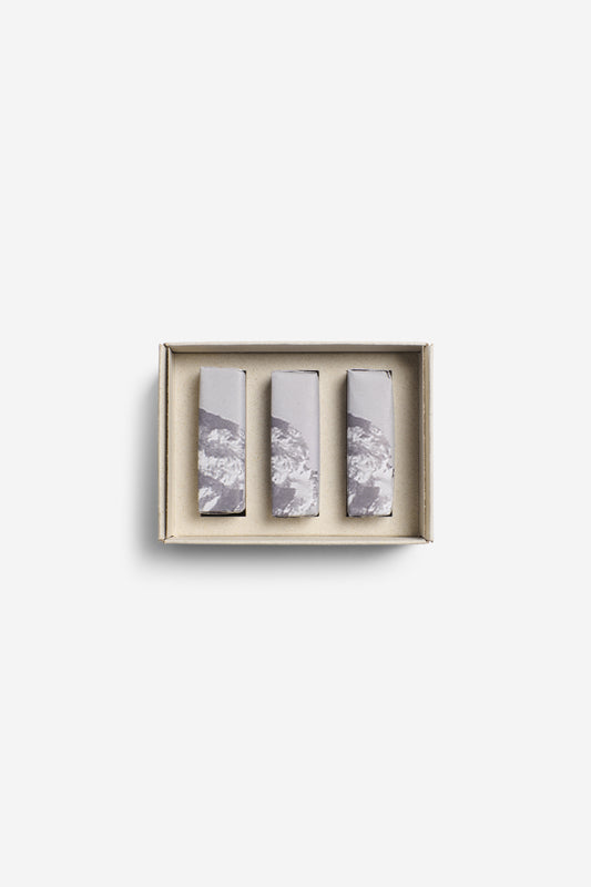 Women's accessories, set of 3 organic soap bars in a natural cardboard box, white with grey mountain design.