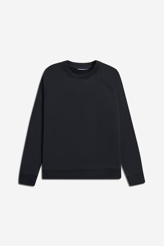 Men's knit sweater, organic cotton, pre-washed, black, with raglan sleeves and discreet logo.