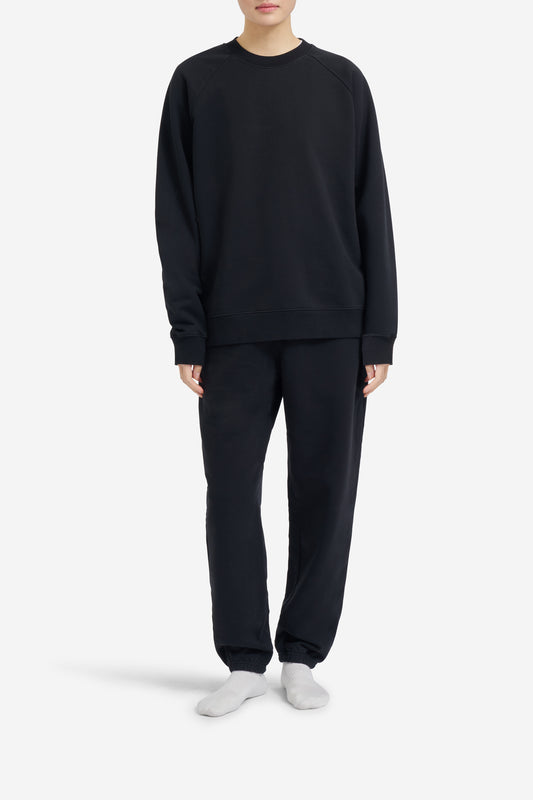 Women's knit jersey, pre-washed organic cotton raglan sweater in black.