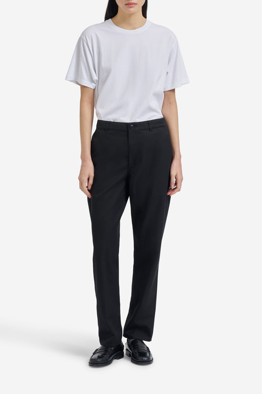 Women's long-pants, organic cotton twill, washed black, flat front, tapered fit.