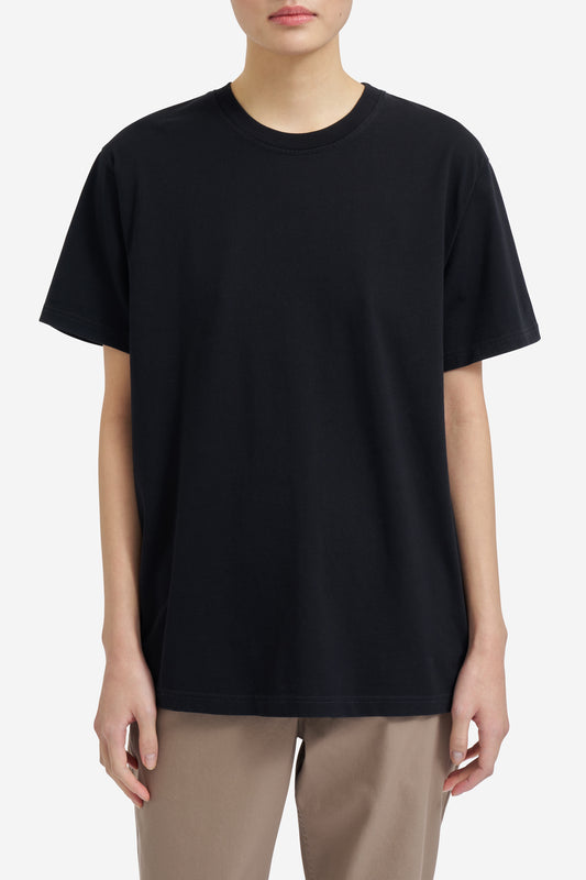 Unisex jersey short-sleeved t-shirt, 100% organic cotton, pre-washed black, regular fit, round neckline.