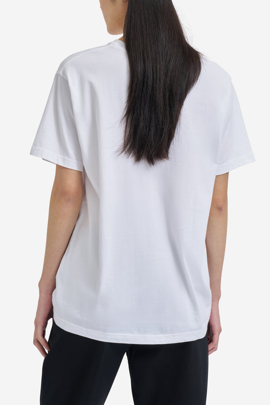 Women's jersey short-sleeved shirt, 100% organic cotton, pre-washed white.
