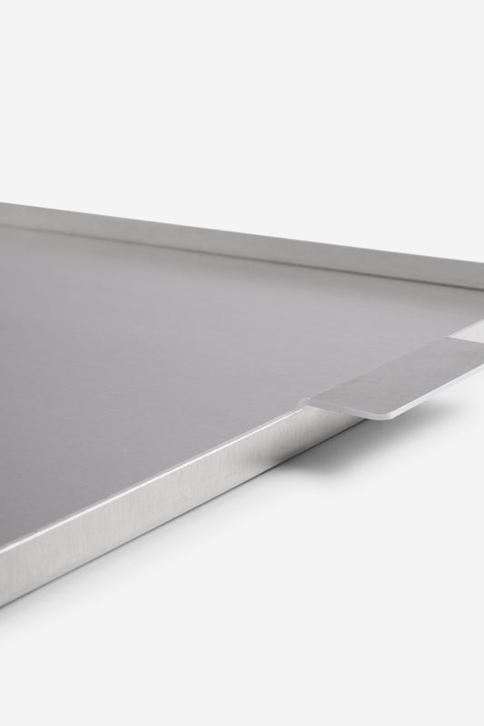 Accessories tray, large, uncoated aluminium, 53x34cm, with subtle handle detail.