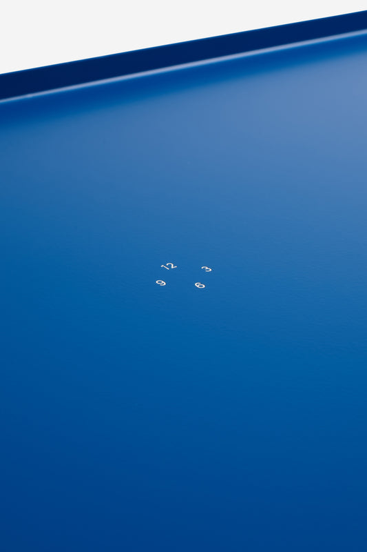 Accessories tray, gentian blue aluminum, 53x34cm, with subtle numbers 1, 2, 3, and 6.