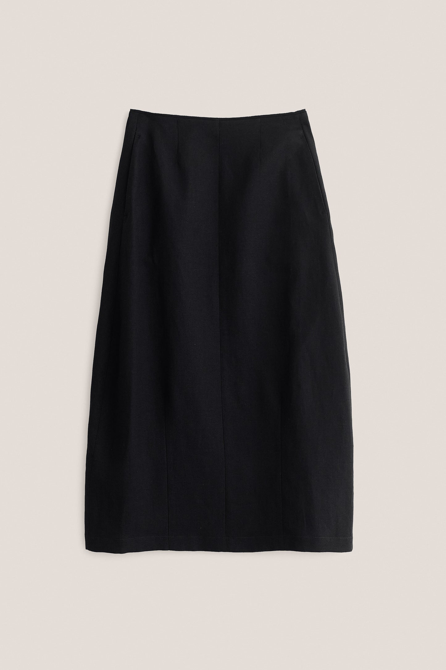 Women's midi skirt, black virgin wool and linen blend, o-shaped silhouette, with side seam pockets.