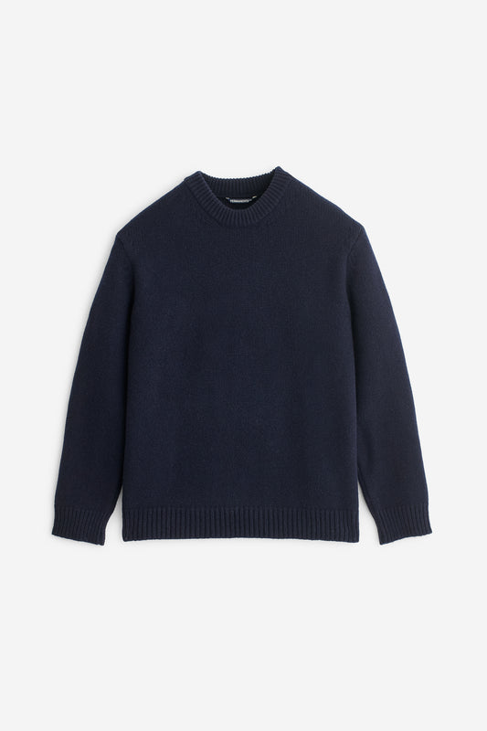 Men's knit pullover, navy merino wool-cashmere blend, relaxed fit, rib-knit neck, cuffs, and hem.