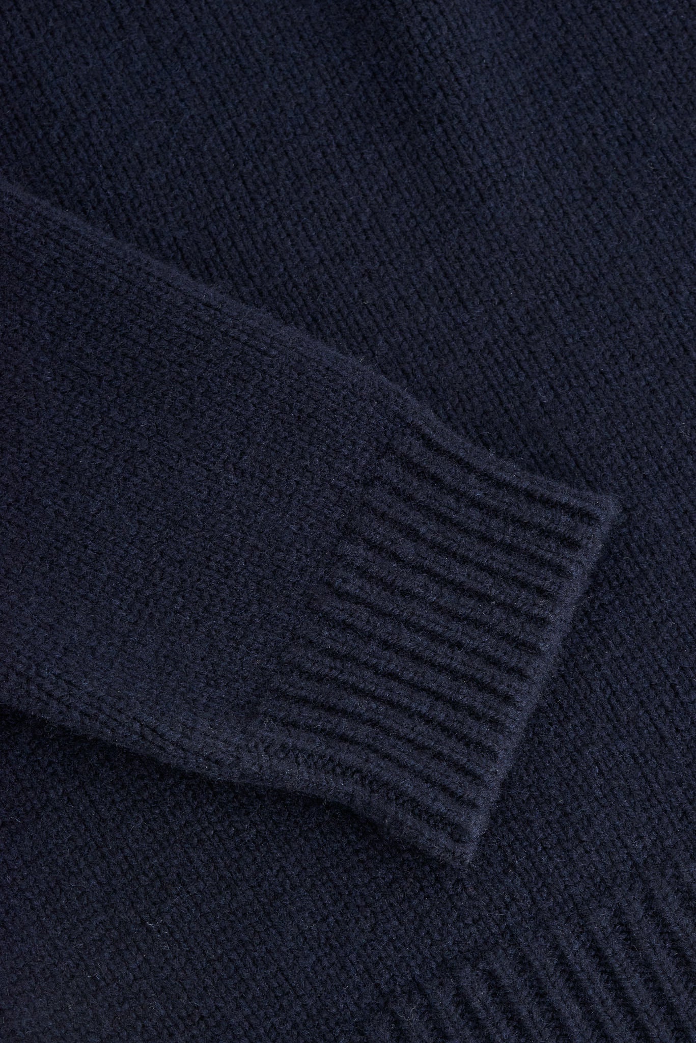 Men's knit pullover, wool-cashmere blend, navy, with ribbed cuff detail.