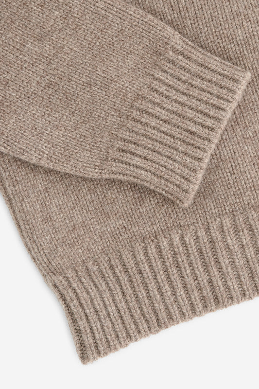 Men's knit pullover, taupe melange wool-cashmere blend, featuring rib-knit cuffs and hem.