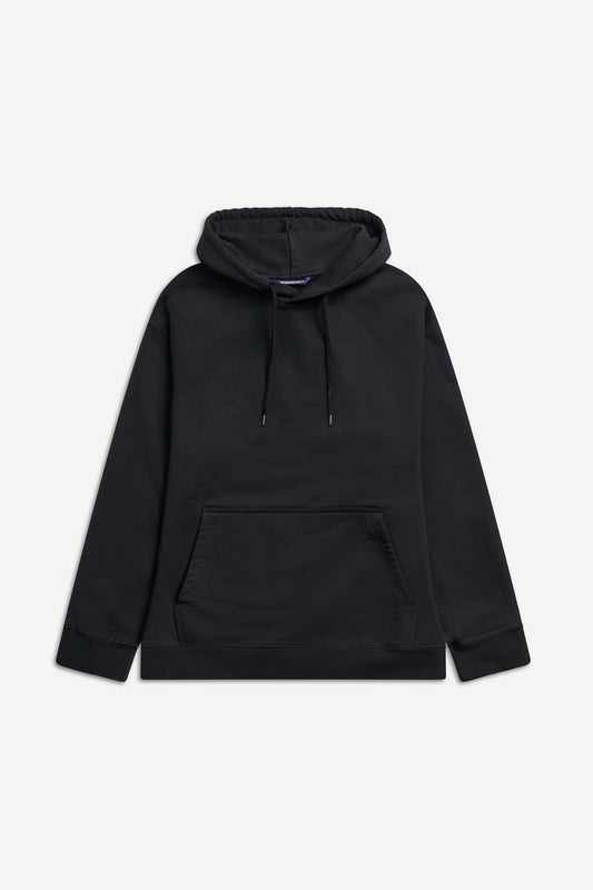 Unisex jersey hoodie, 100% organic cotton, pre-washed black, with adjustable hood and kangaroo pocket.