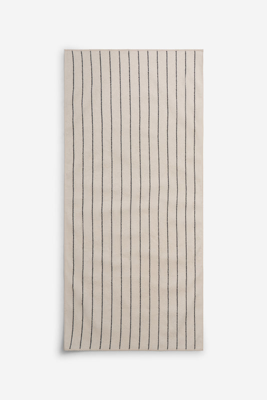 Unisex accessories towel, linen-cotton blend, fine indigo stripe on natural beige, 80x160cm.