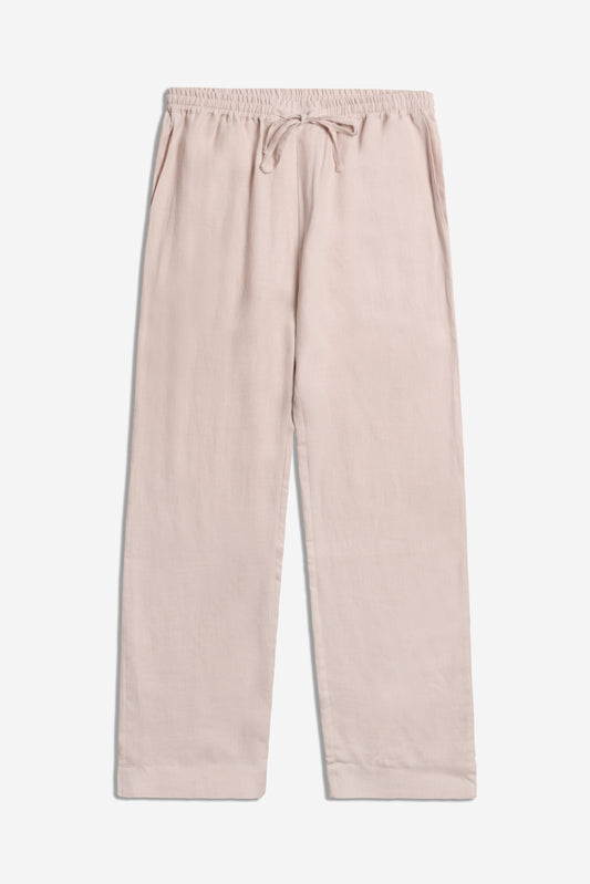 Women's long-pants, 100% Belgian linen, apple blossom, with elastic waist and drawstring.