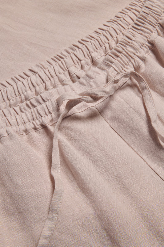 Women's long-pants, 100% Belgian linen, apple blossom, with elasticated waist and drawstring.