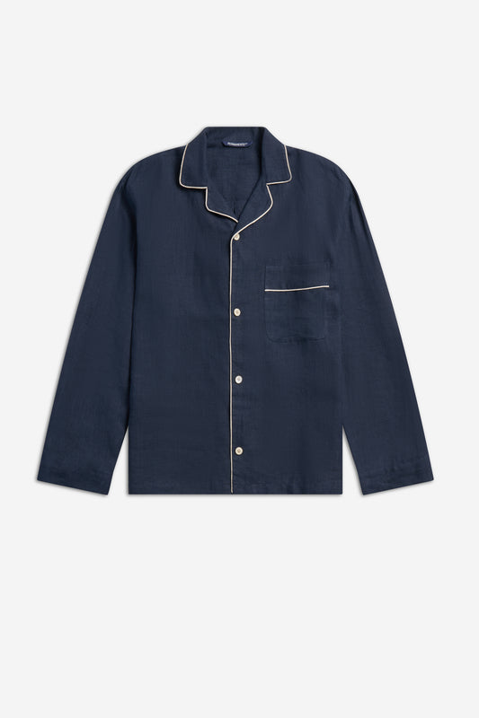 Unisex long-sleeved shirt, 100% Belgian linen, midnight navy, with piped trim and chest pocket.