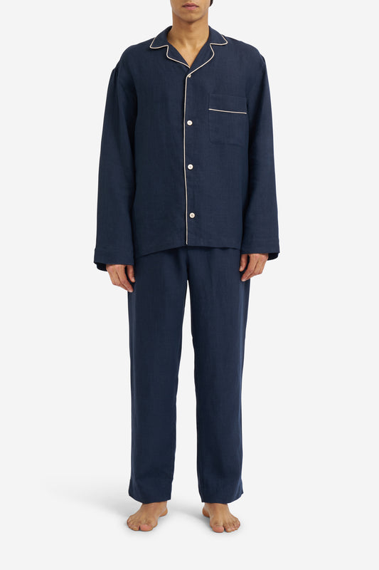 Men's pyjama set, long-sleeved shirt and long-pants, 100% Belgian linen, midnight navy with piped trim.