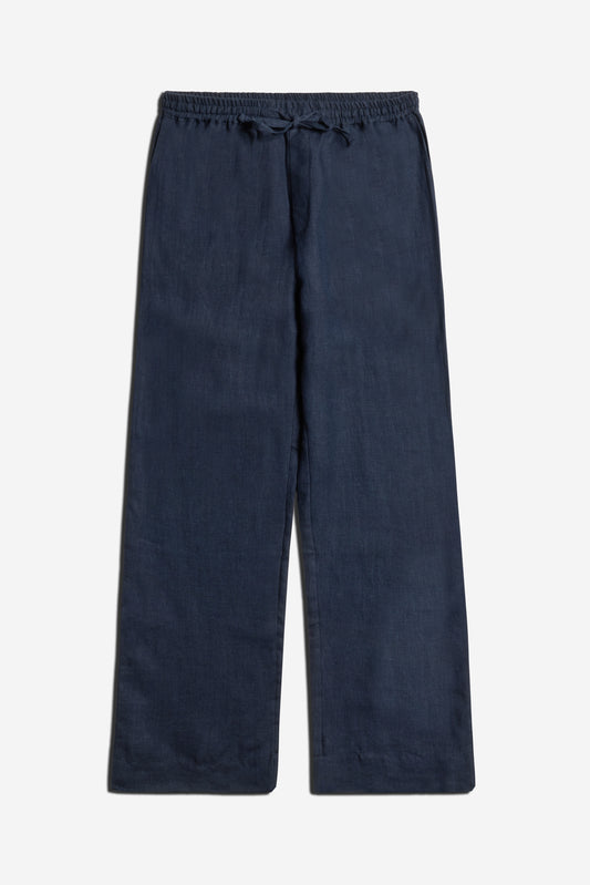 Unisex long-pants, 100% Belgian linen, midnight navy, with elasticated waist and drawstring.