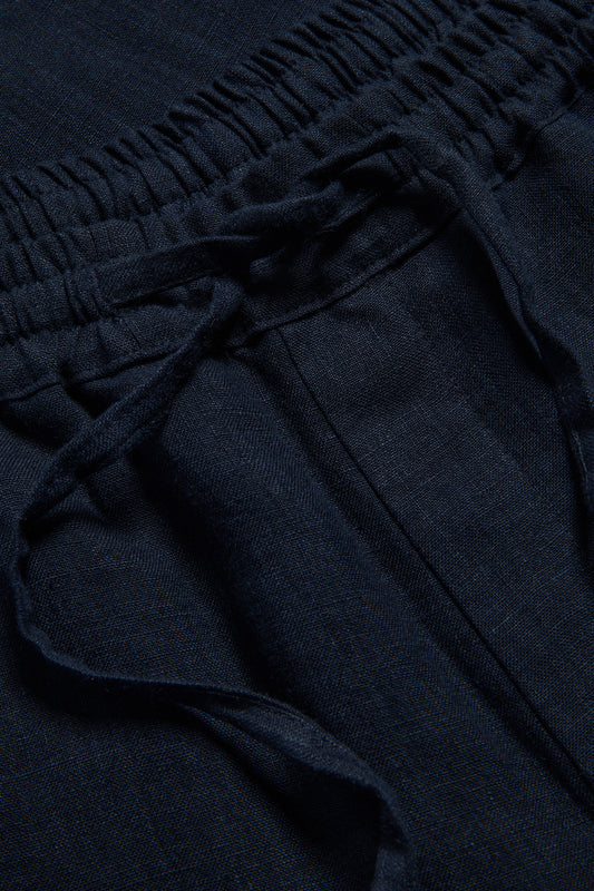 Women's long-pants, 100% Belgian linen, midnight navy, with drawstring waist.