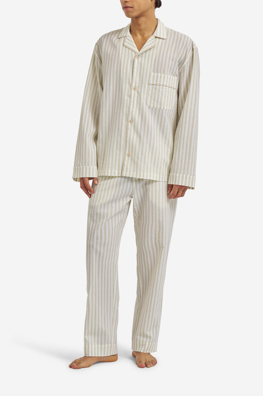 Men's pyjama set, long-sleeved shirt and long-pants, organic cotton seersucker, sage stripe.