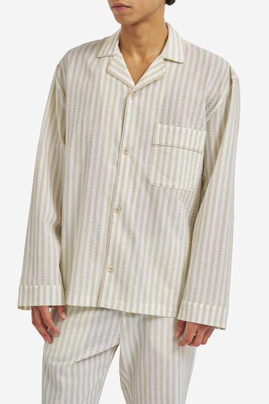 Men's pyjama set, long-sleeved shirt and long pants, organic cotton seersucker, sage stripe.