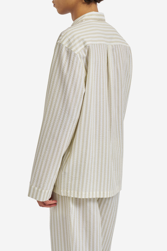 Unisex pyjama set, long-sleeved shirt and pants, 100% organic cotton seersucker, sage stripe.