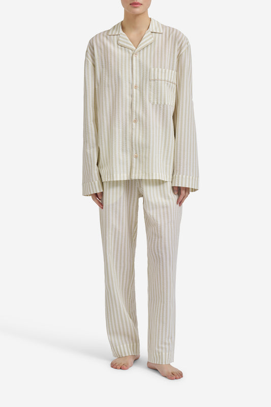 Women's pyjama set, long-sleeved shirt and long-pants, organic cotton seersucker, sage stripe.