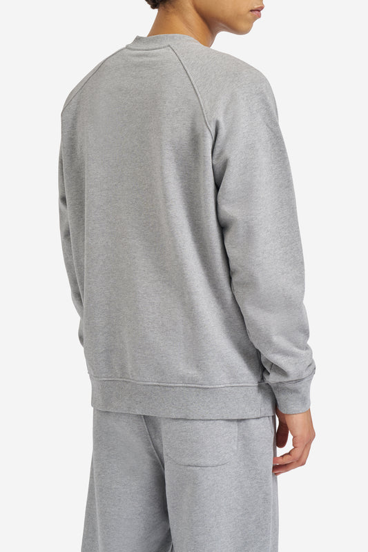 Men's knit long-sleeved sweater, organic cotton, pre-washed grey melange, raglan sleeves.