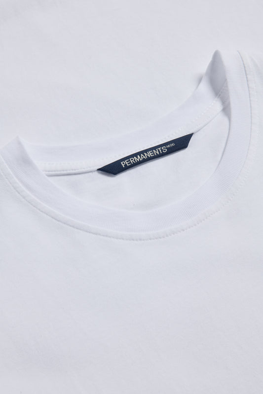 Men's jersey short-sleeved shirt, 100% organic cotton, pre-washed, white, with "PERMANENTS®" neck label.