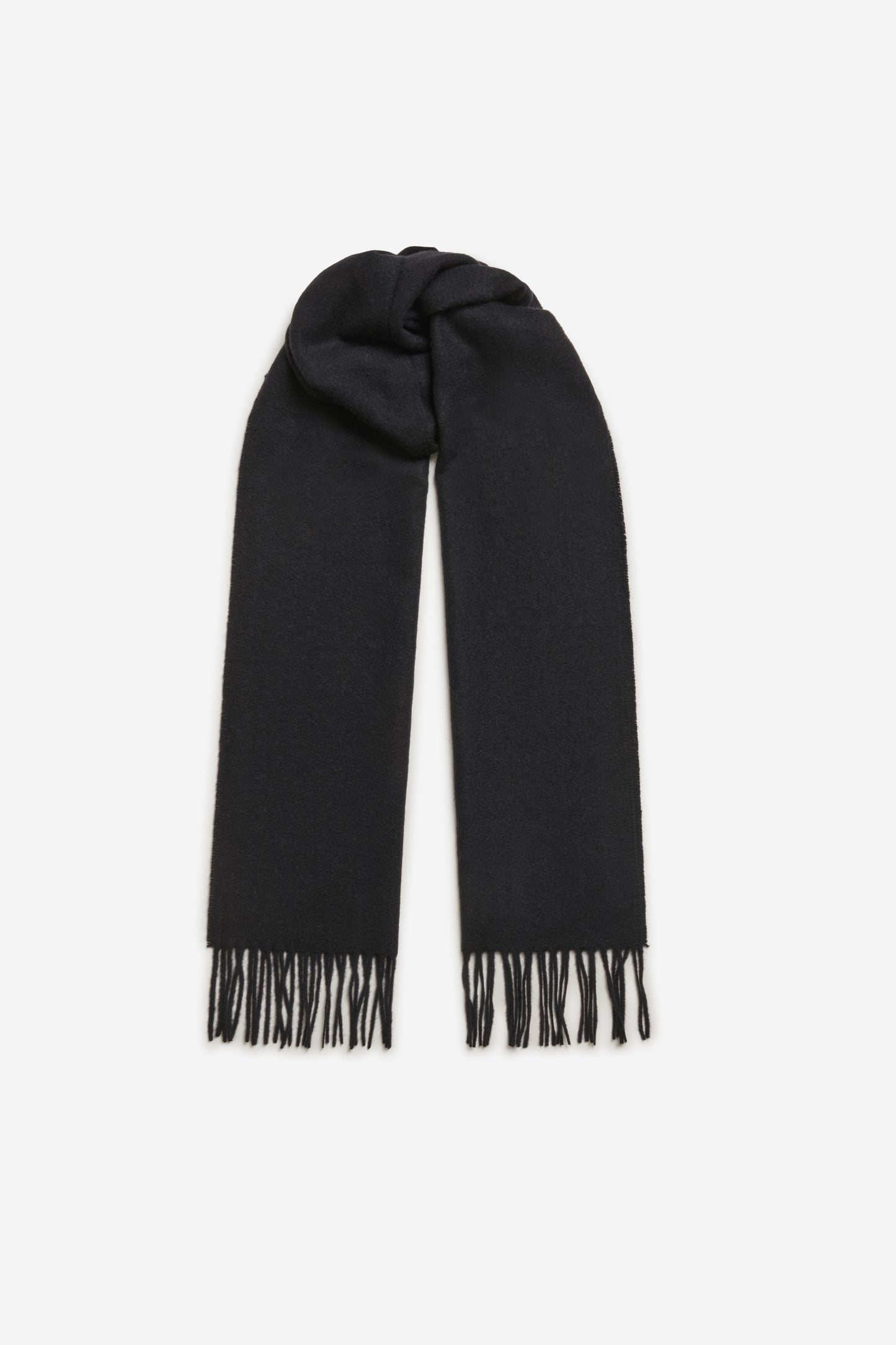 Women's accessories cashmere scarf, black, with fringe details.
