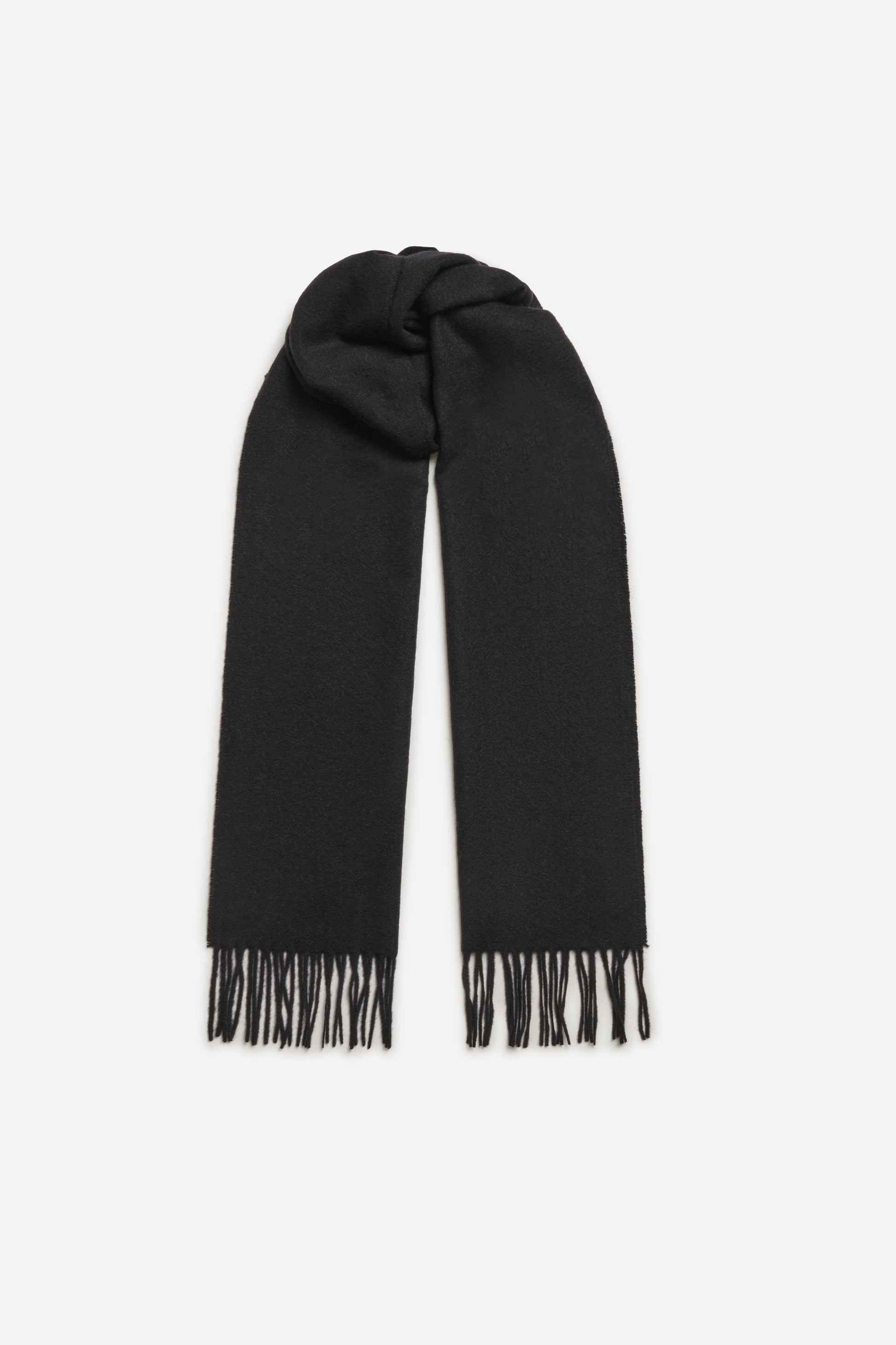 Women's accessories cashmere scarf, black, with fringe details.