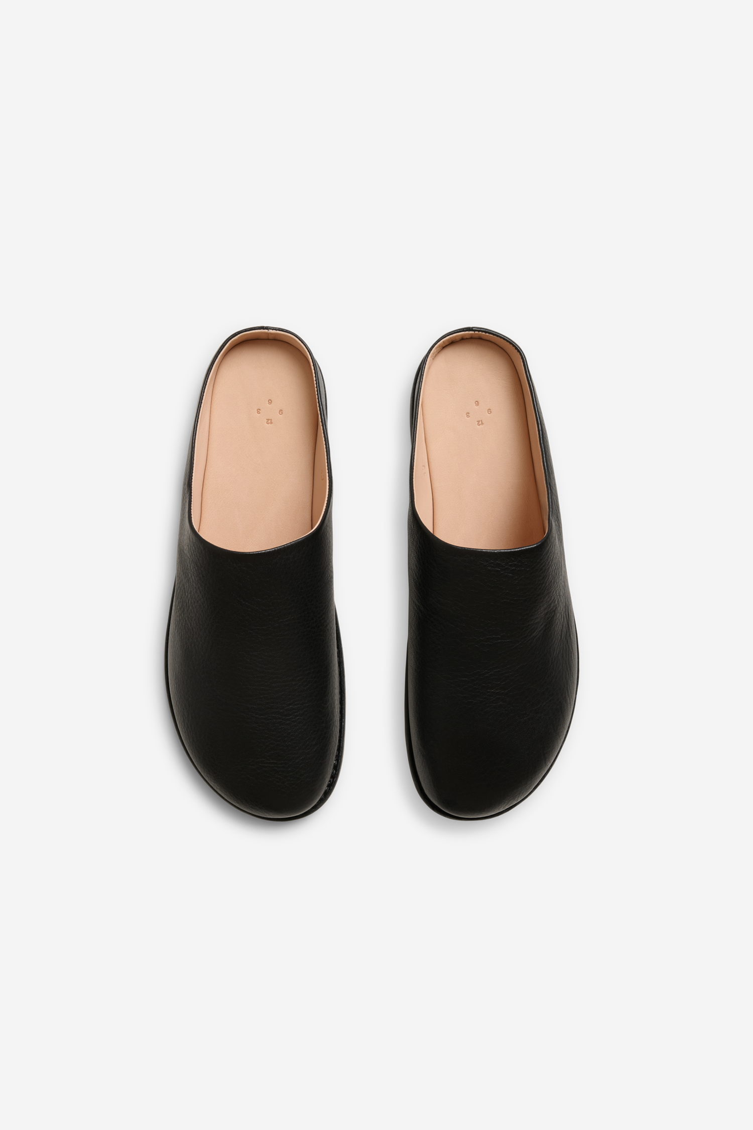 Women's accessories slippers, black chrome-free cow leather, handmade, clean silhouette.