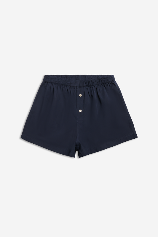 Men's jersey shorts, organic cotton, navy, with button fly.